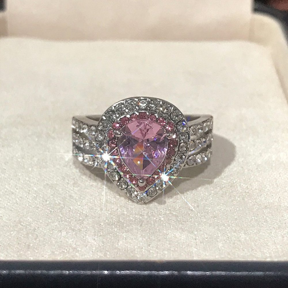 Unique Water Drop Design Three Layers Pink Stone Ring - Fashion Jewelry